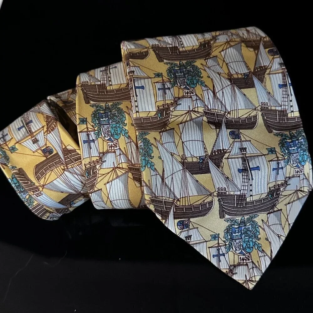 Gucci Gold Silk Tie Link Chain EUC Neckwear Ship Ships Sailboat Brown Yacht
